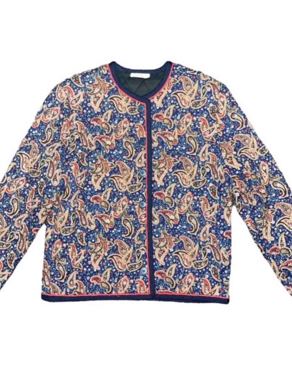 Vintage Quilted Jacket Paisley Designer Style Cottage Boho Red Navy Size 14 - Picture 2 of 8